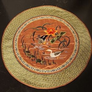 Vintage Chinese Silk Hand-Embroidered Round Pillow Birds & Flowers